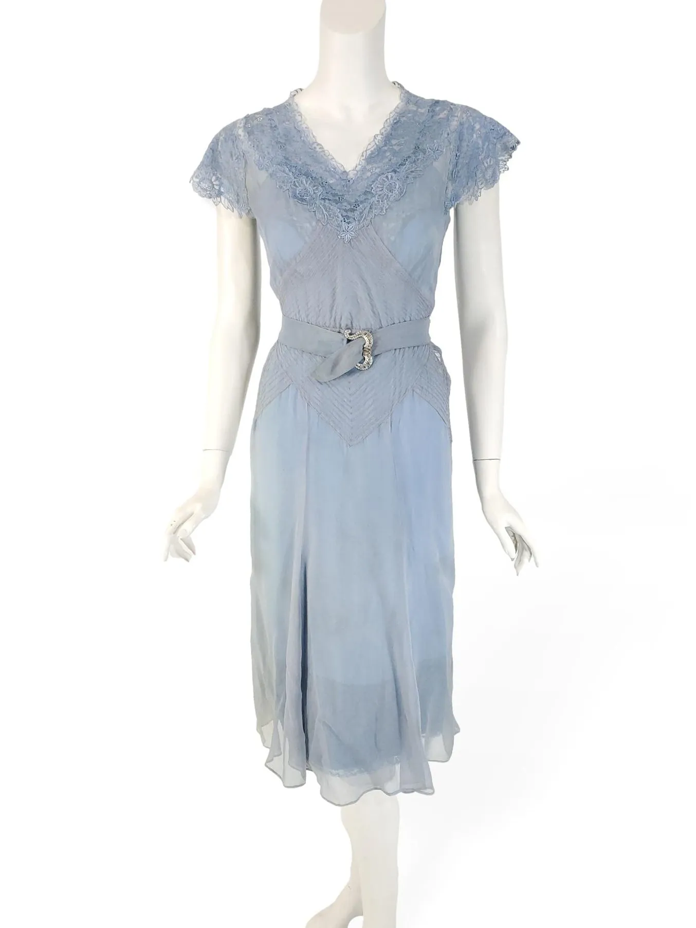 30s Dress, Belt & Bolero Set in Light Blue Silk Chiffon - xs, sm