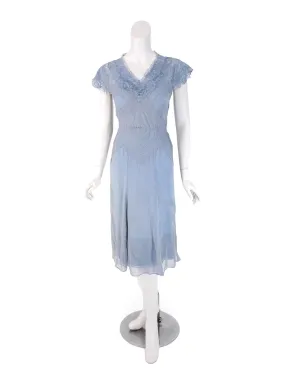 30s Dress, Belt & Bolero Set in Light Blue Silk Chiffon - xs, sm