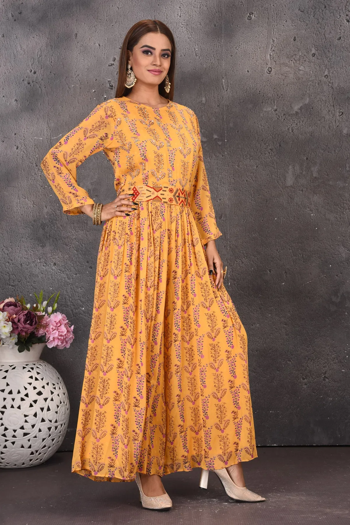 503108 Yellow Printed Jumpsuit with Multicolor Waistband