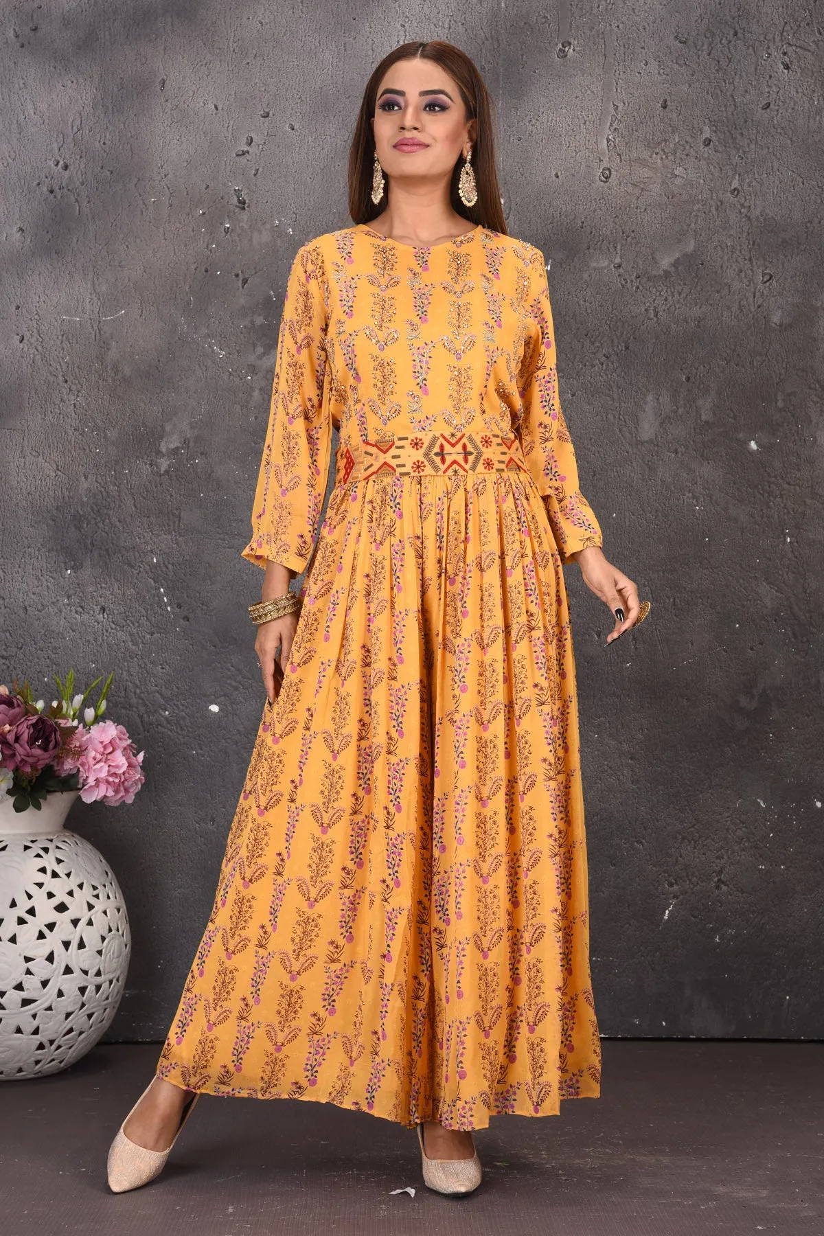 503108 Yellow Printed Jumpsuit with Multicolor Waistband