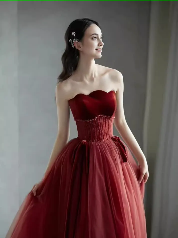 A line Burgundy Strapless Prom Dresses Evening Dress