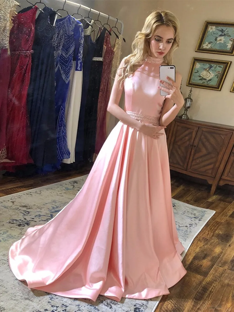 A Line Halter Neck Backless Beading Satin Long Pink Prom Dresses, Backless Pink Formal Dresses, Pink Evening Dresses