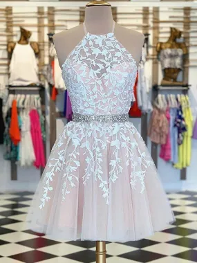 A Line Halter Neck Short Pink Lace Prom Dresses with Belt, Pink Lace Formal Graduation Homecoming Dresses