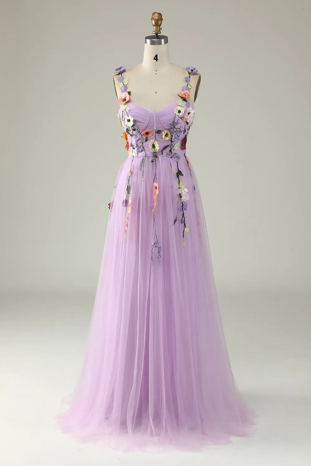 A Line Purple Spaghetti Straps Prom Dress With 3D Flowers