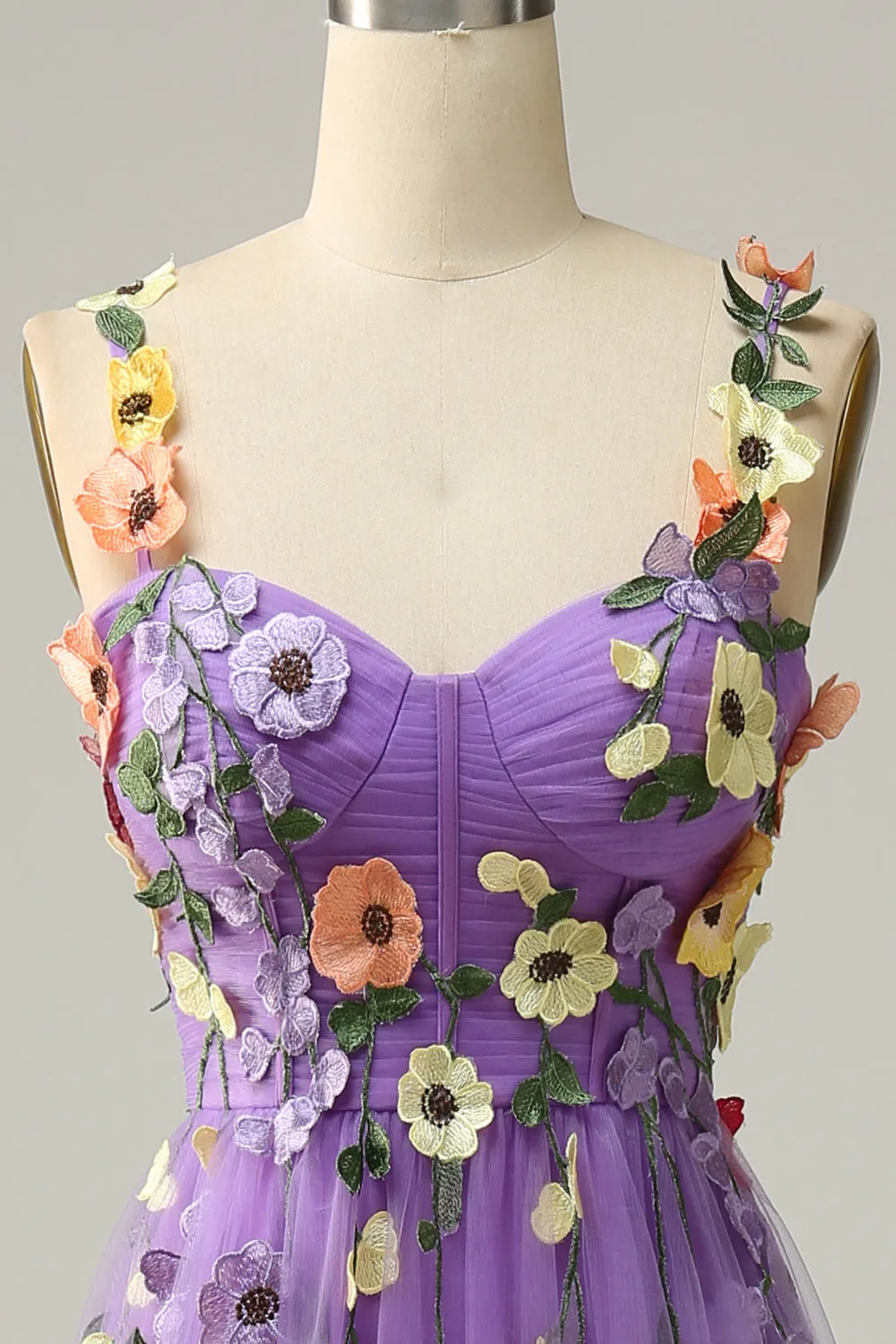 A Line Purple Spaghetti Straps Prom Dress With 3D Flowers