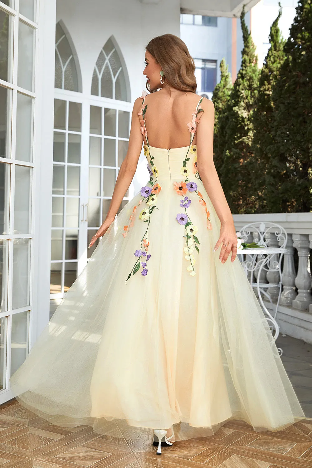 A Line Purple Spaghetti Straps Prom Dress With 3D Flowers