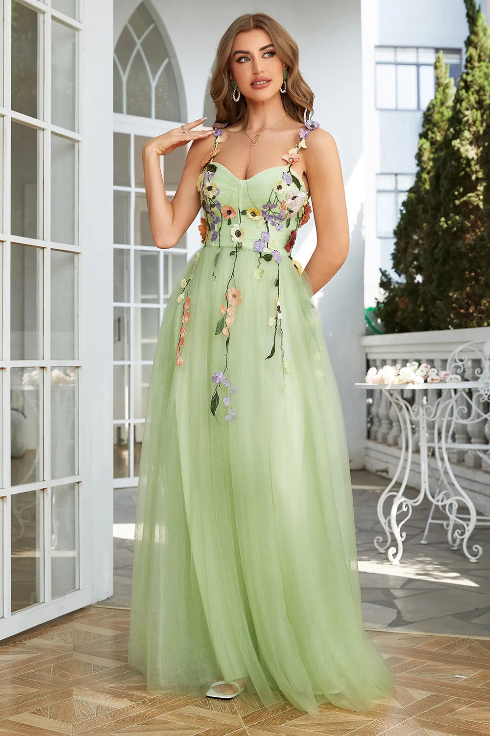 A Line Purple Spaghetti Straps Prom Dress With 3D Flowers