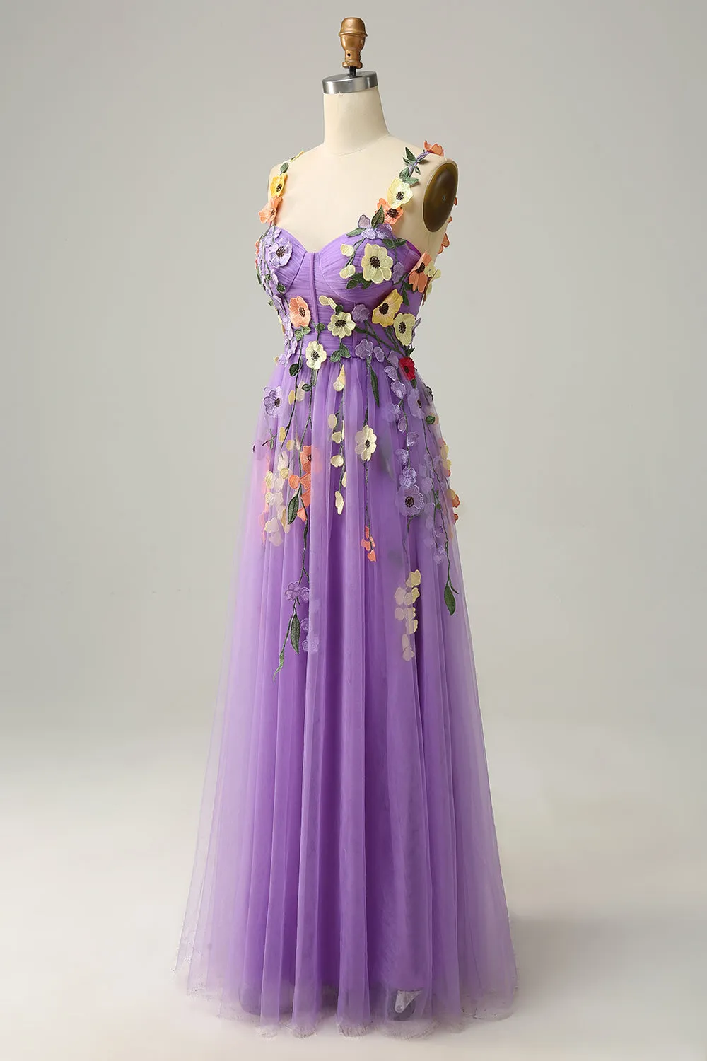 A Line Purple Spaghetti Straps Prom Dress With 3D Flowers