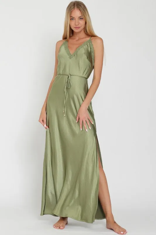 Aisling Satin Lace Trim Maxi Dress with Sash - Sage