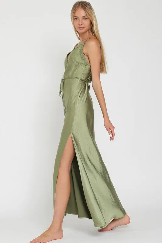 Aisling Satin Lace Trim Maxi Dress with Sash - Sage