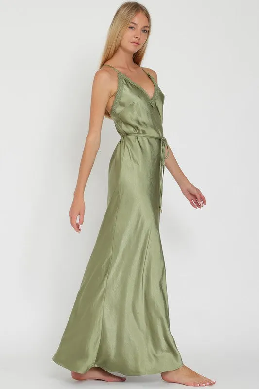 Aisling Satin Lace Trim Maxi Dress with Sash - Sage