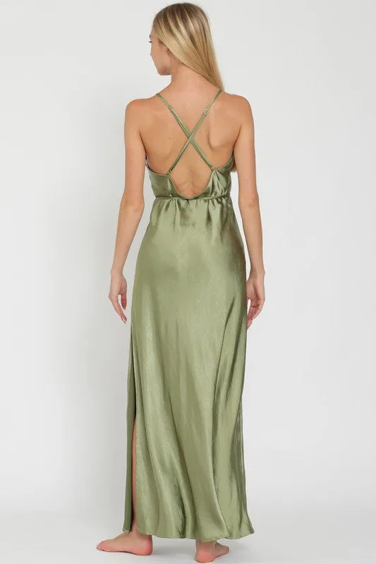 Aisling Satin Lace Trim Maxi Dress with Sash - Sage