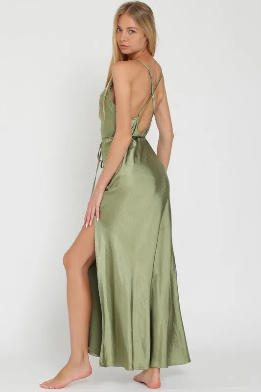 Aisling Satin Lace Trim Maxi Dress with Sash - Sage