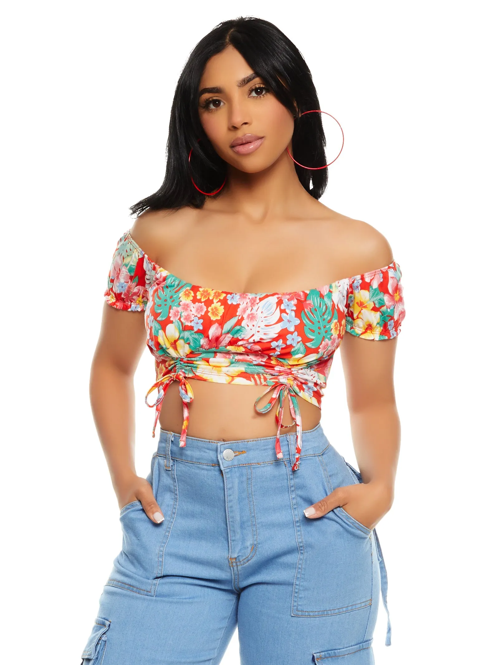 Almost Famous Printed Ruched Off the Shoulder Crop Top