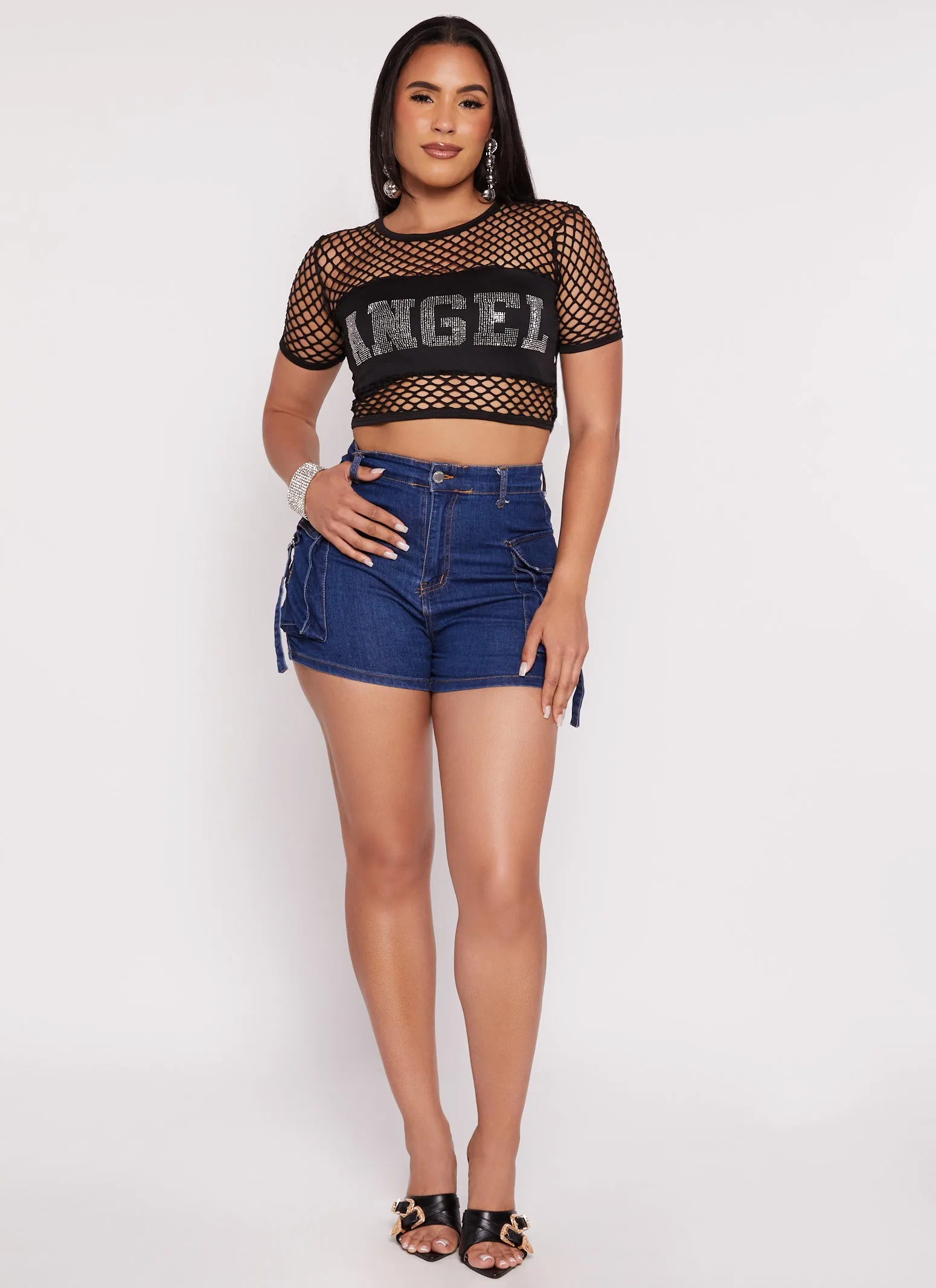 Angel Rhinestone Fishnet Crop Top