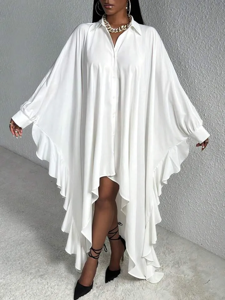 Batwing sleeve asymmetrical hem shirt dress