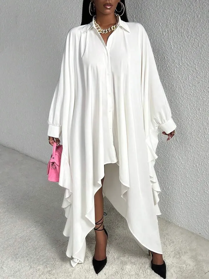 Batwing sleeve asymmetrical hem shirt dress