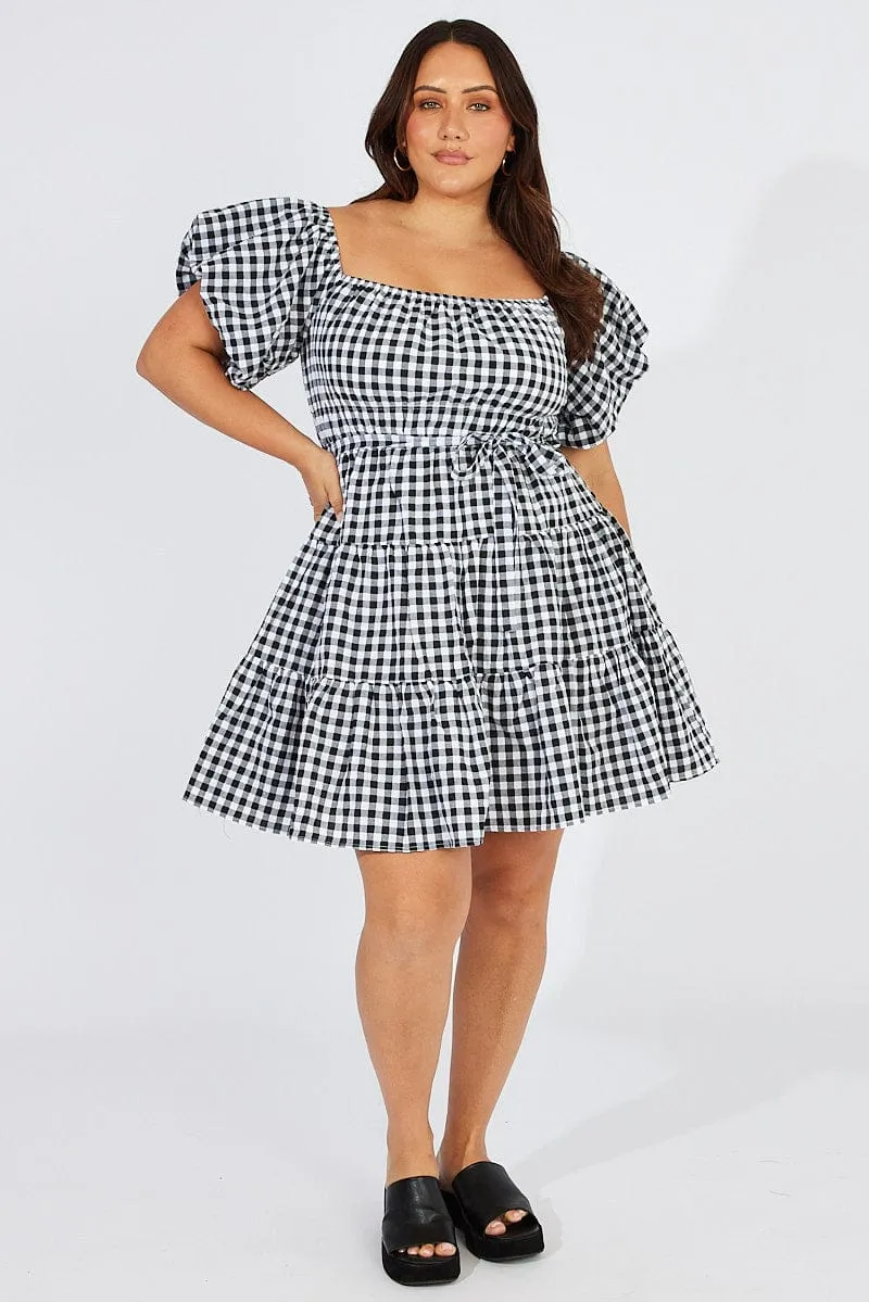 Black Check Off Shoulder Gingham Skater Dress