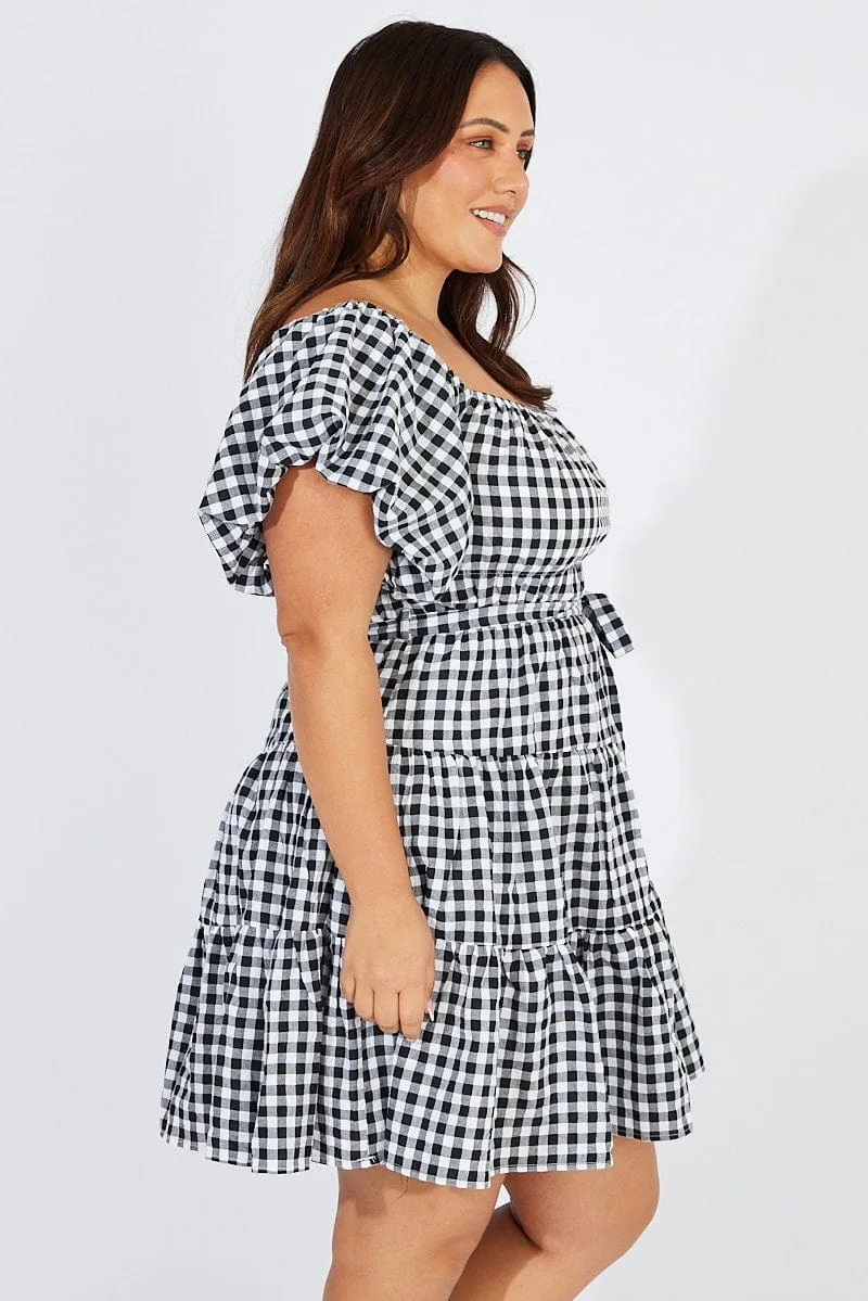 Black Check Off Shoulder Gingham Skater Dress