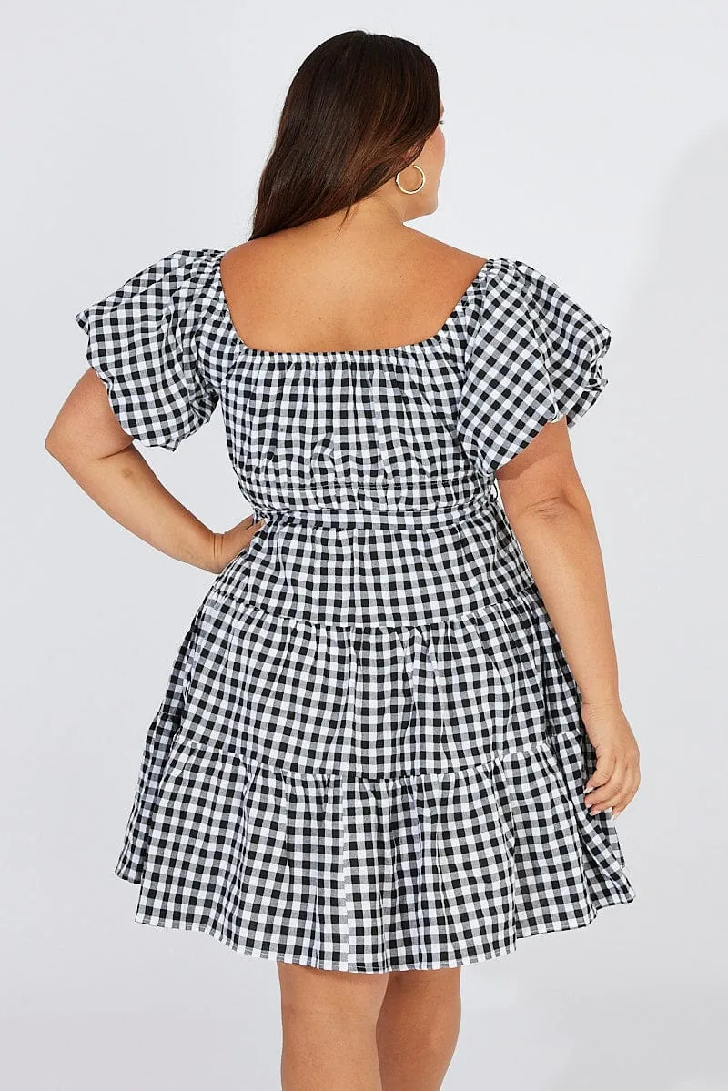 Black Check Off Shoulder Gingham Skater Dress