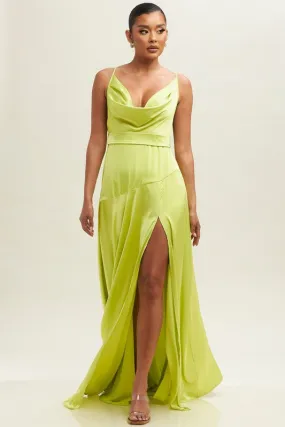 Blitz Satin Side Slit Cowl Maxi Gown Dress - Lime