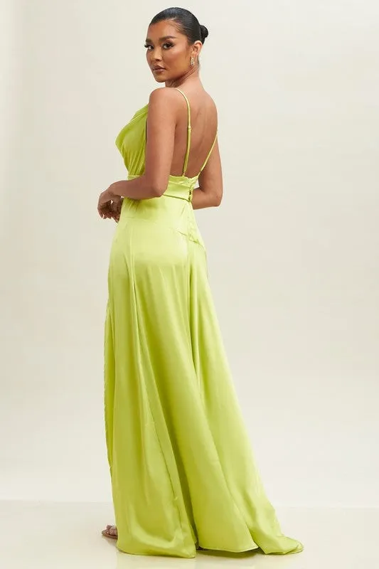 Blitz Satin Side Slit Cowl Maxi Gown Dress - Lime