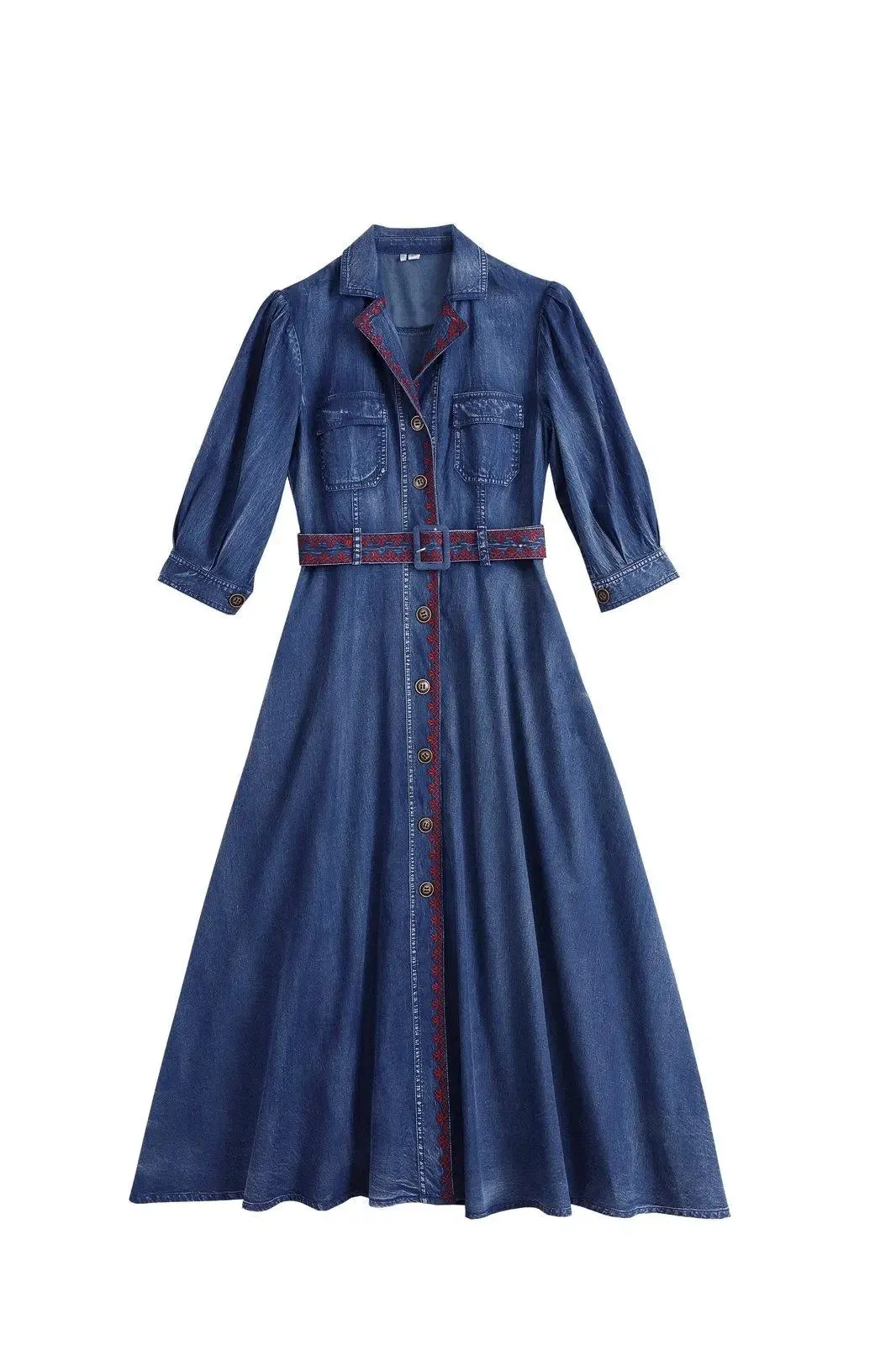 Blue Denim Embroidered Belted Half Sleeve Midi Dress