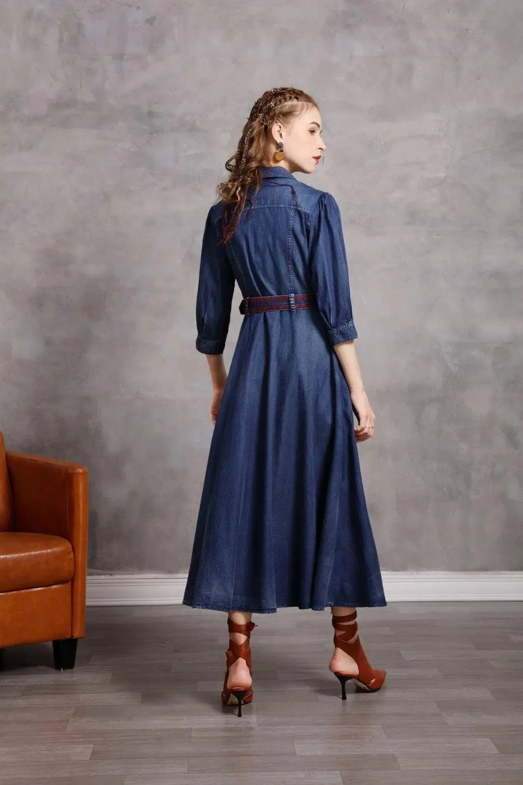 Blue Denim Embroidered Belted Half Sleeve Midi Dress