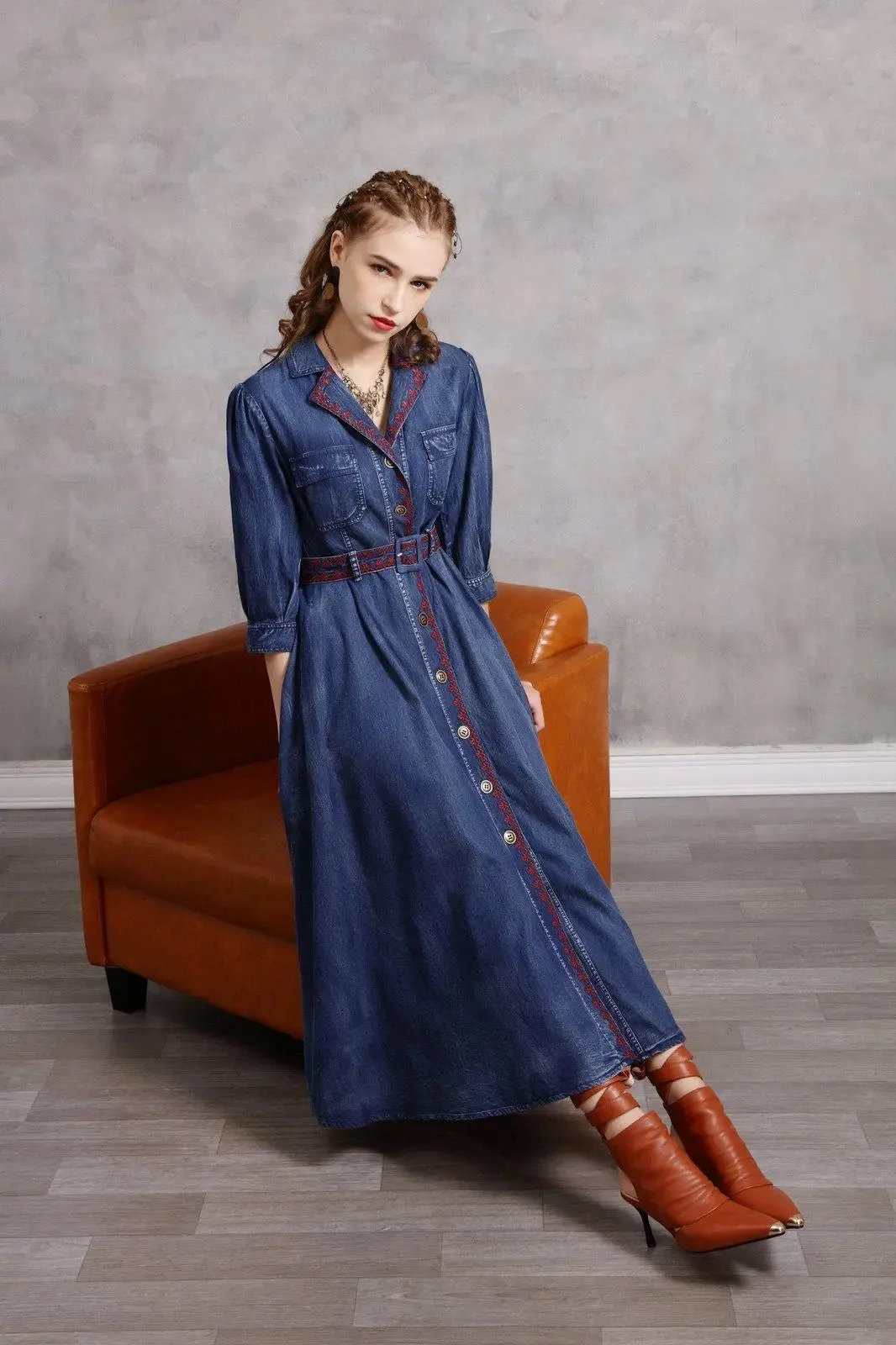 Blue Denim Embroidered Belted Half Sleeve Midi Dress