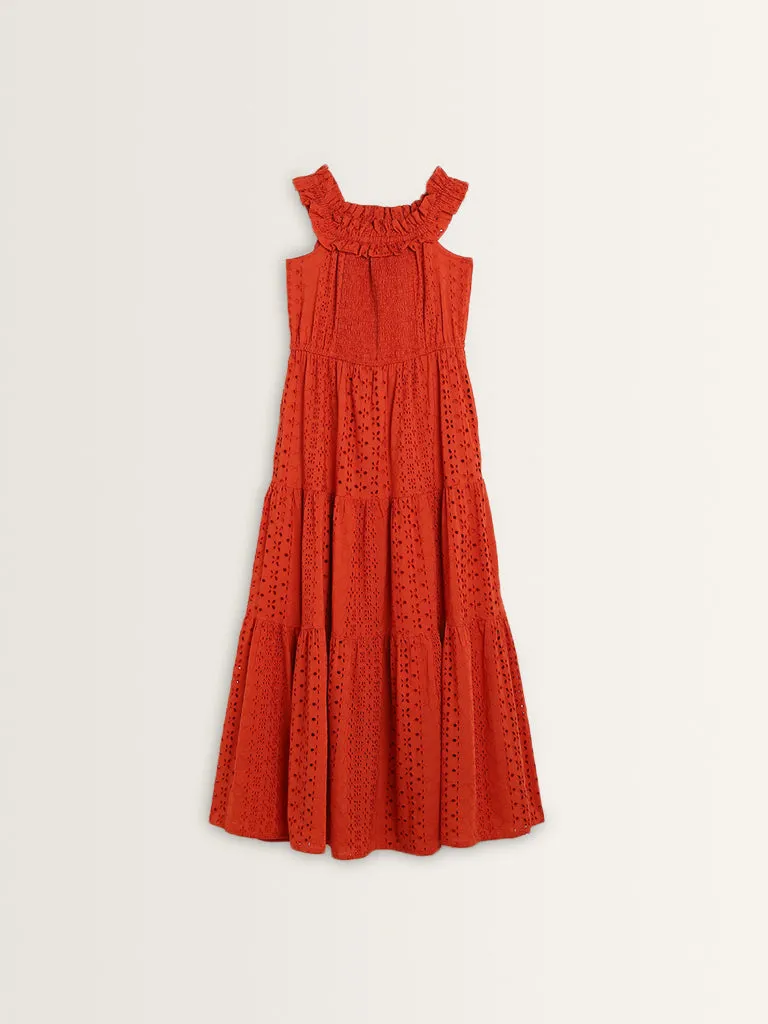 Bombay Paisley Rust Schiffli Design Cotton Tiered Dress