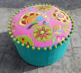 Bright pink & turquoise Stylized floral pouf cover, bohemian ottoman cover, appliqued and embroidered with pompoms, 22X12 inches