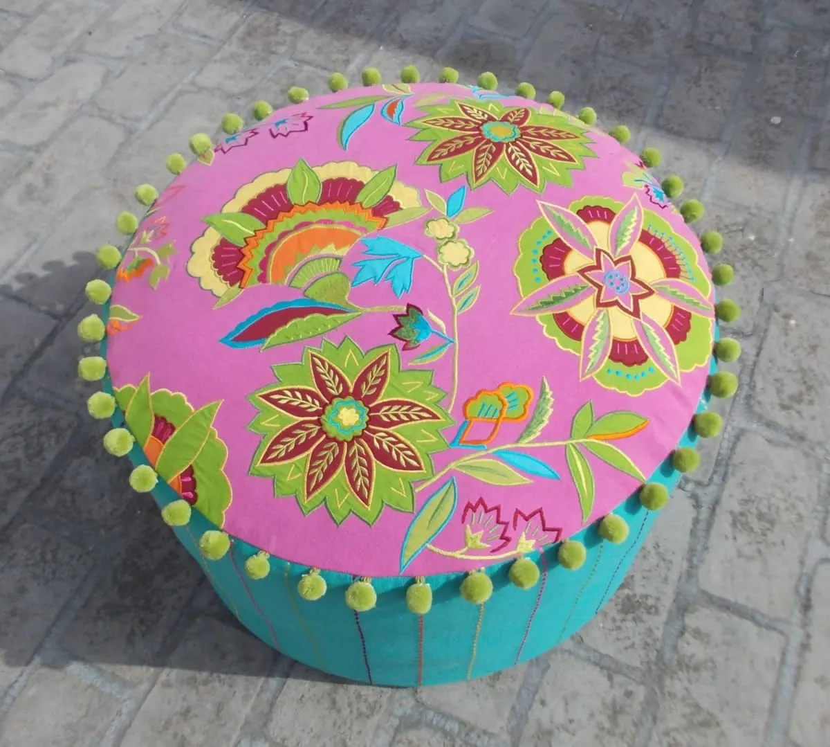 Bright pink & turquoise Stylized floral pouf cover, bohemian ottoman cover, appliqued and embroidered with pompoms, 22X12 inches