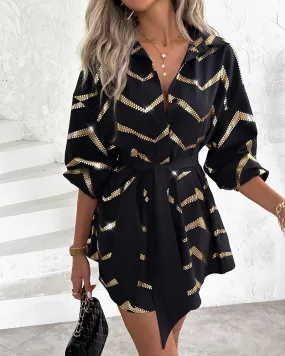 Bronzing Chevron Print Tied Detail Shirt Dress