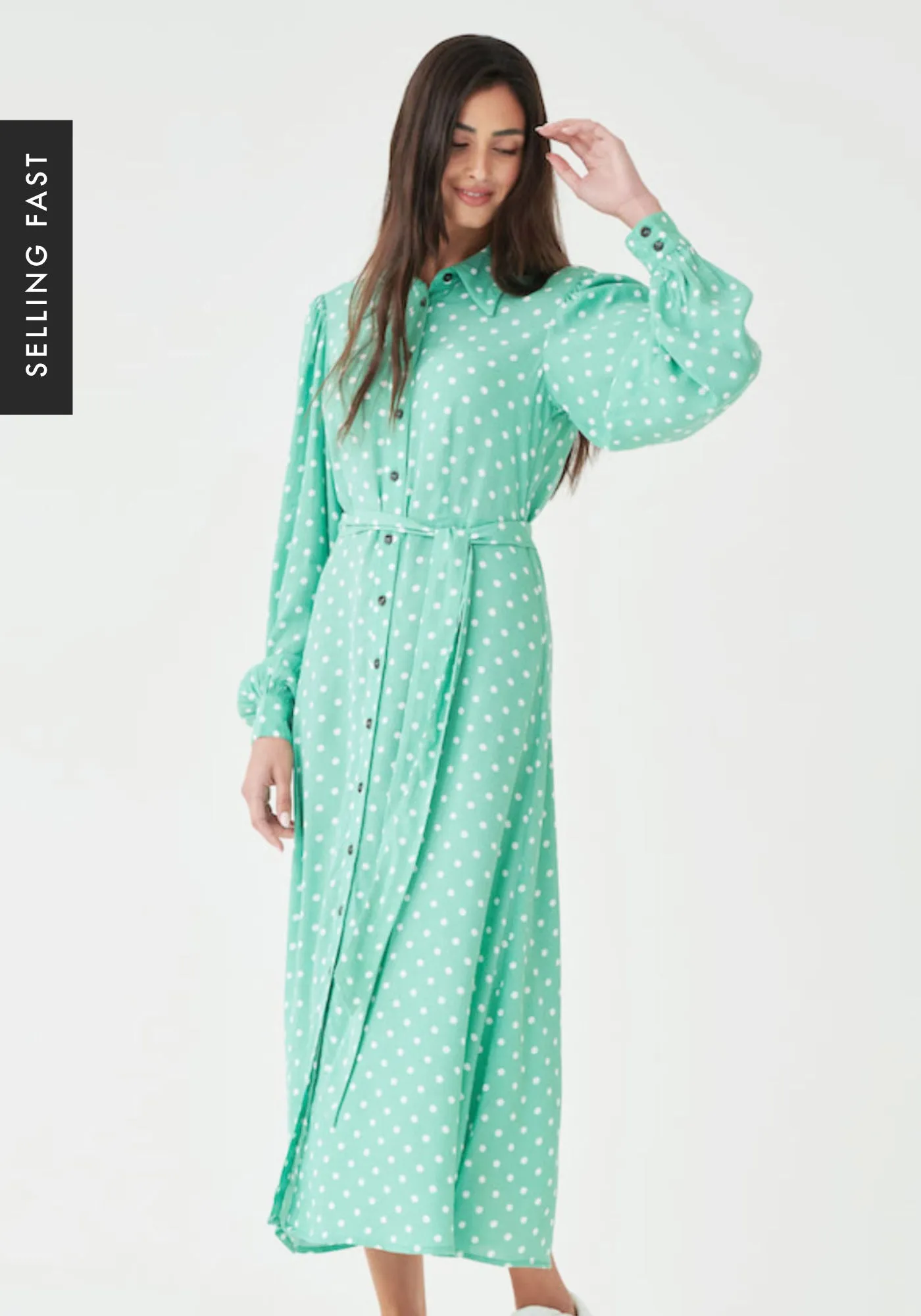 Button Down Midi Shirt Dress in Green Polka