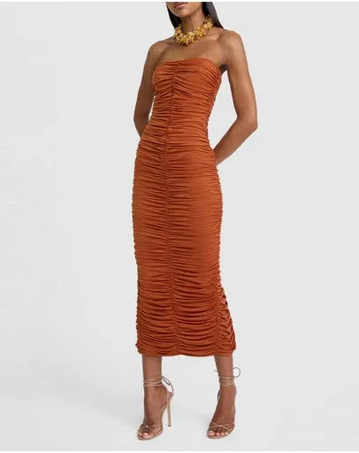 By Johnny Gloria Gathered. Strapless Midi