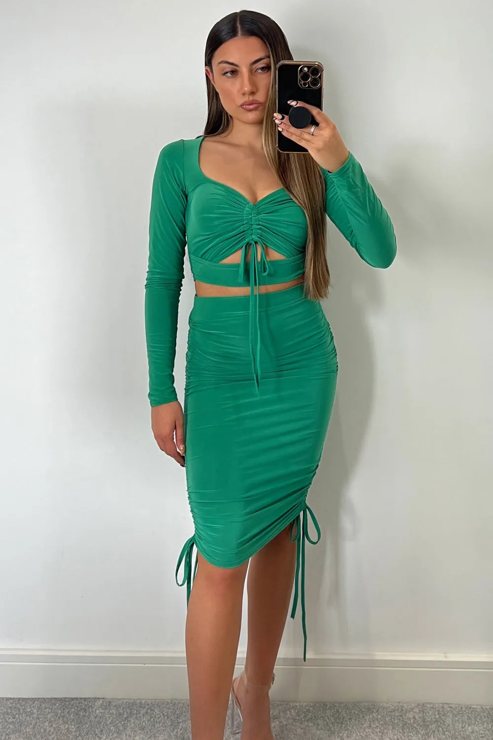 Carla Green Cut Out Ruched Crop Top & Skirt Co-Ord Set