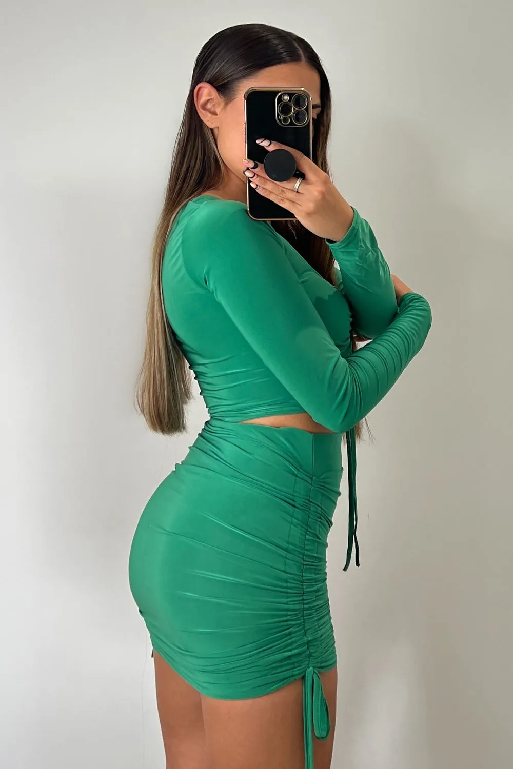 Carla Green Cut Out Ruched Crop Top & Skirt Co-Ord Set