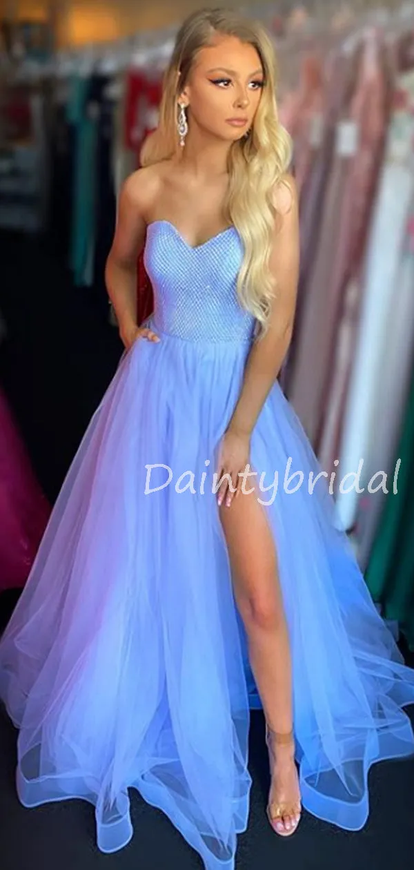 Charming Sweetheart Tulle A-line Side Slit Long Prom Dresses Evening Dresses.DB10616