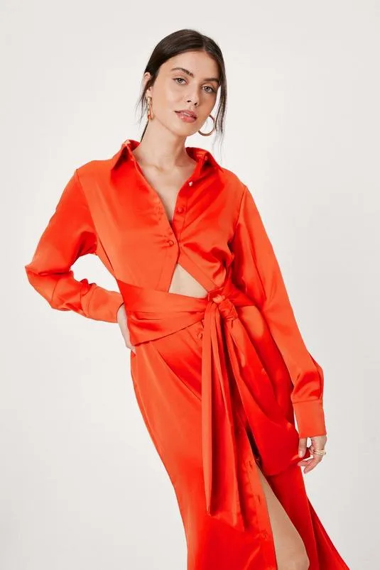 Cut out tie front midi shirt dress