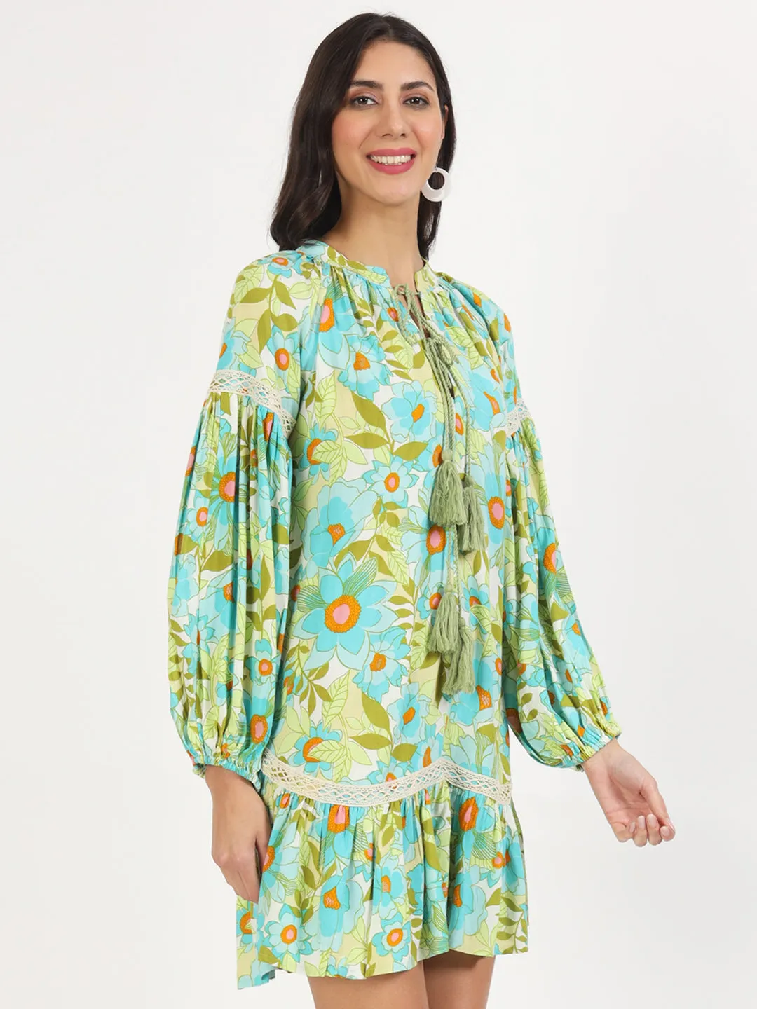 Divena Green Floral Printed Rayon Dress