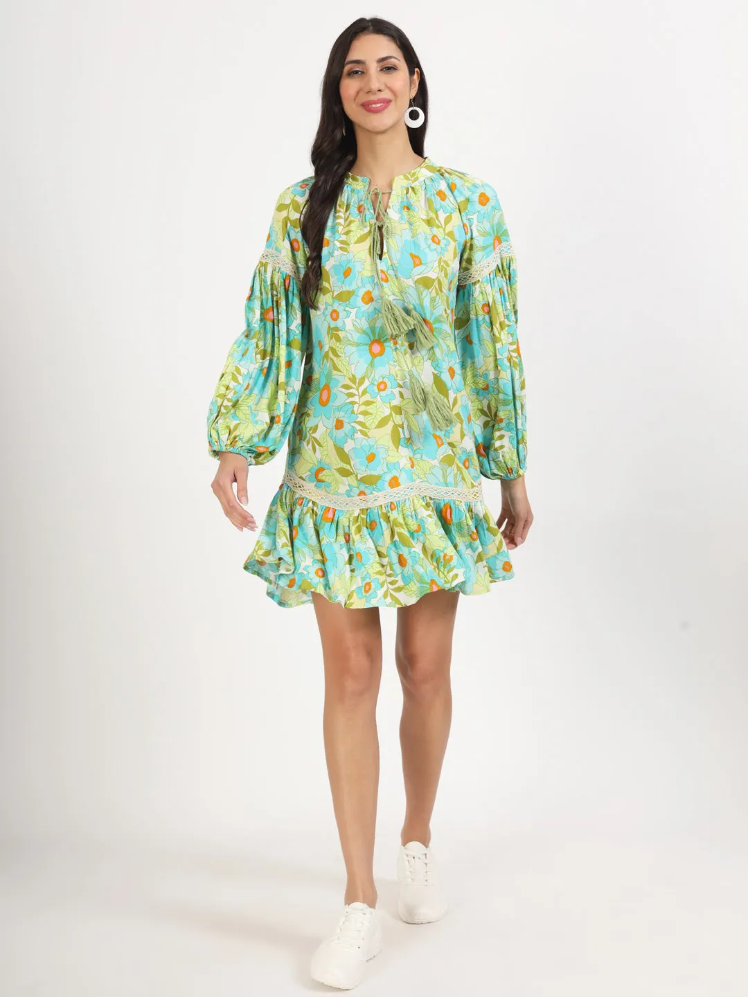 Divena Green Floral Printed Rayon Dress