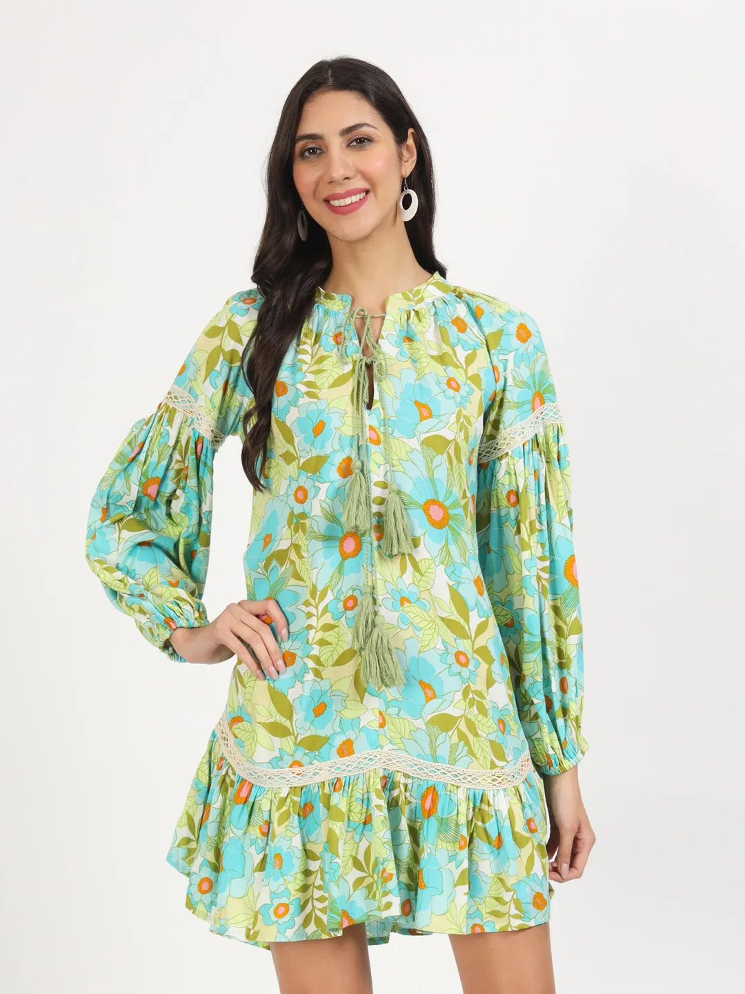 Divena Green Floral Printed Rayon Dress