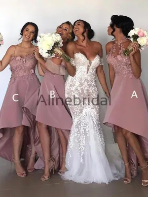 Dusty Pink Lace Mismatched High Low Fashion Bridesmaid Dresses, AB4035