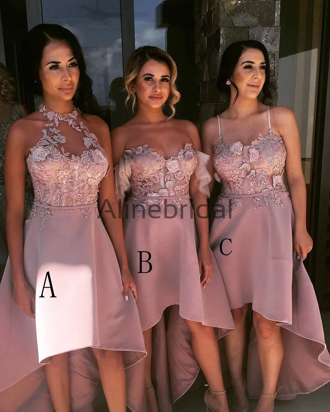 Dusty Pink Lace Mismatched High Low Fashion Bridesmaid Dresses, AB4035