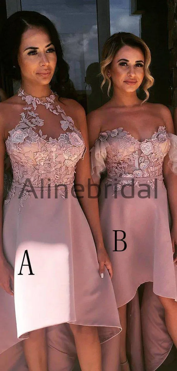 Dusty Pink Lace Mismatched High Low Fashion Bridesmaid Dresses, AB4035