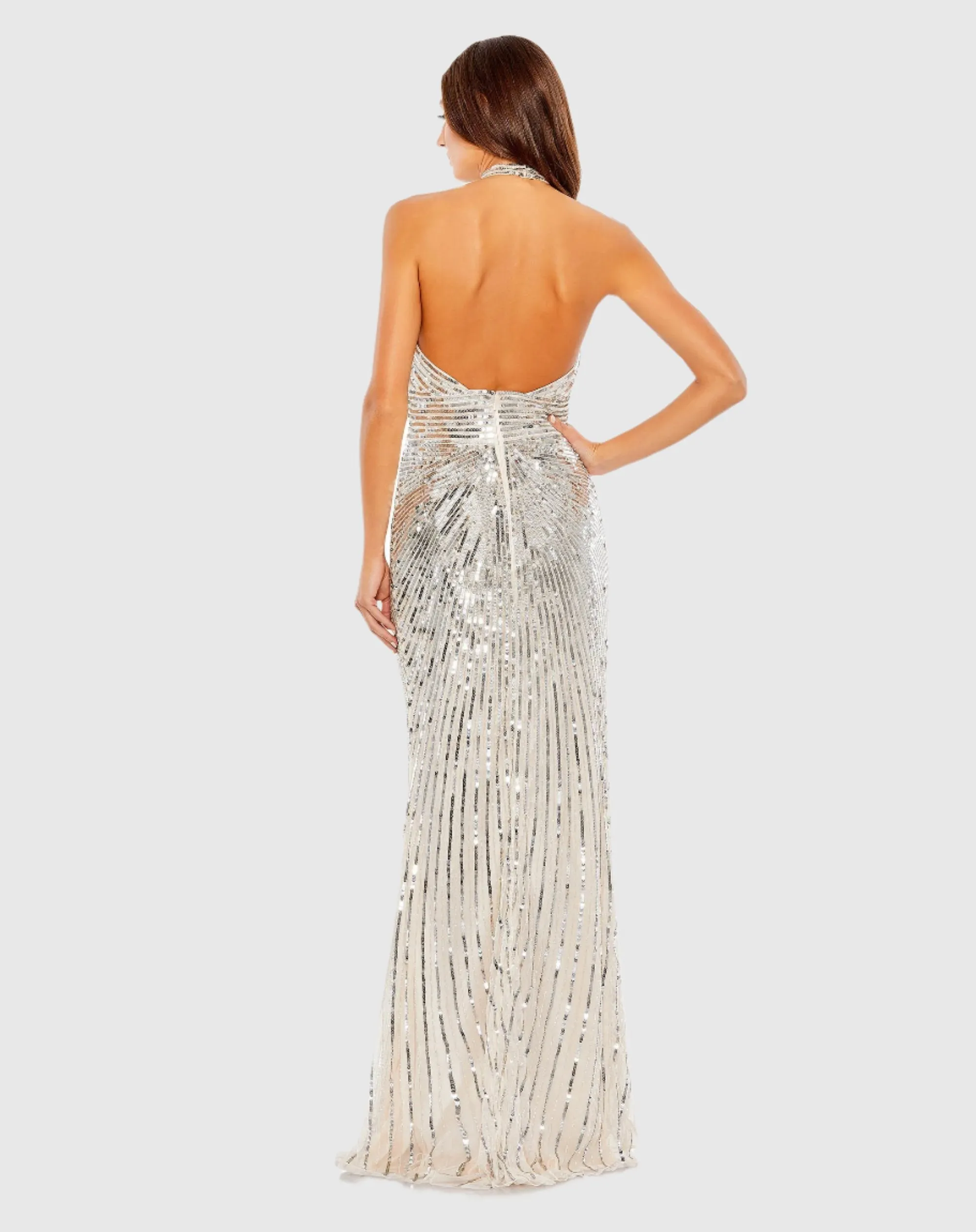 Embellished Keyhole Halter Strap Draped Gown