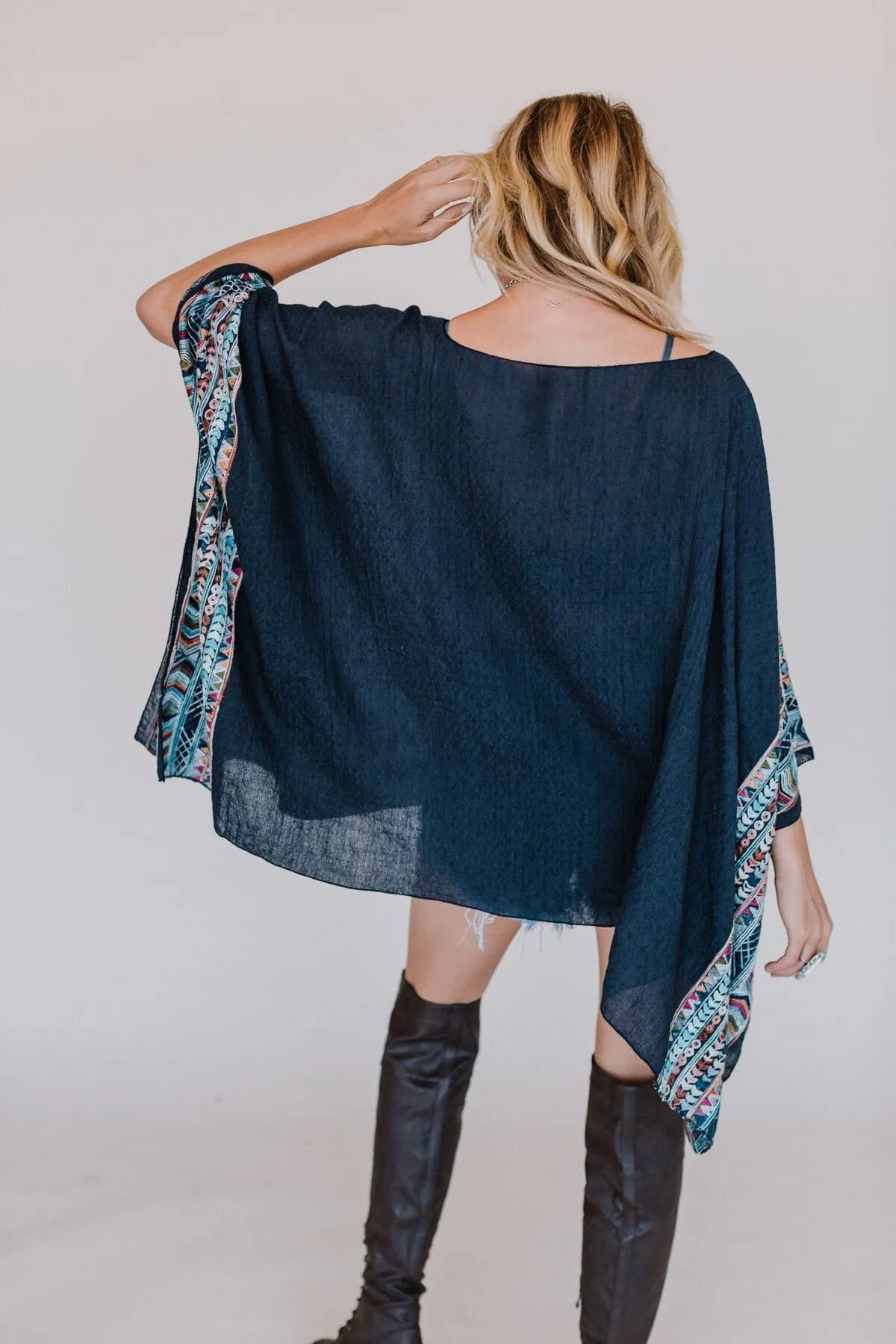 Fallon Embroidered Sleeve Poncho - Navy