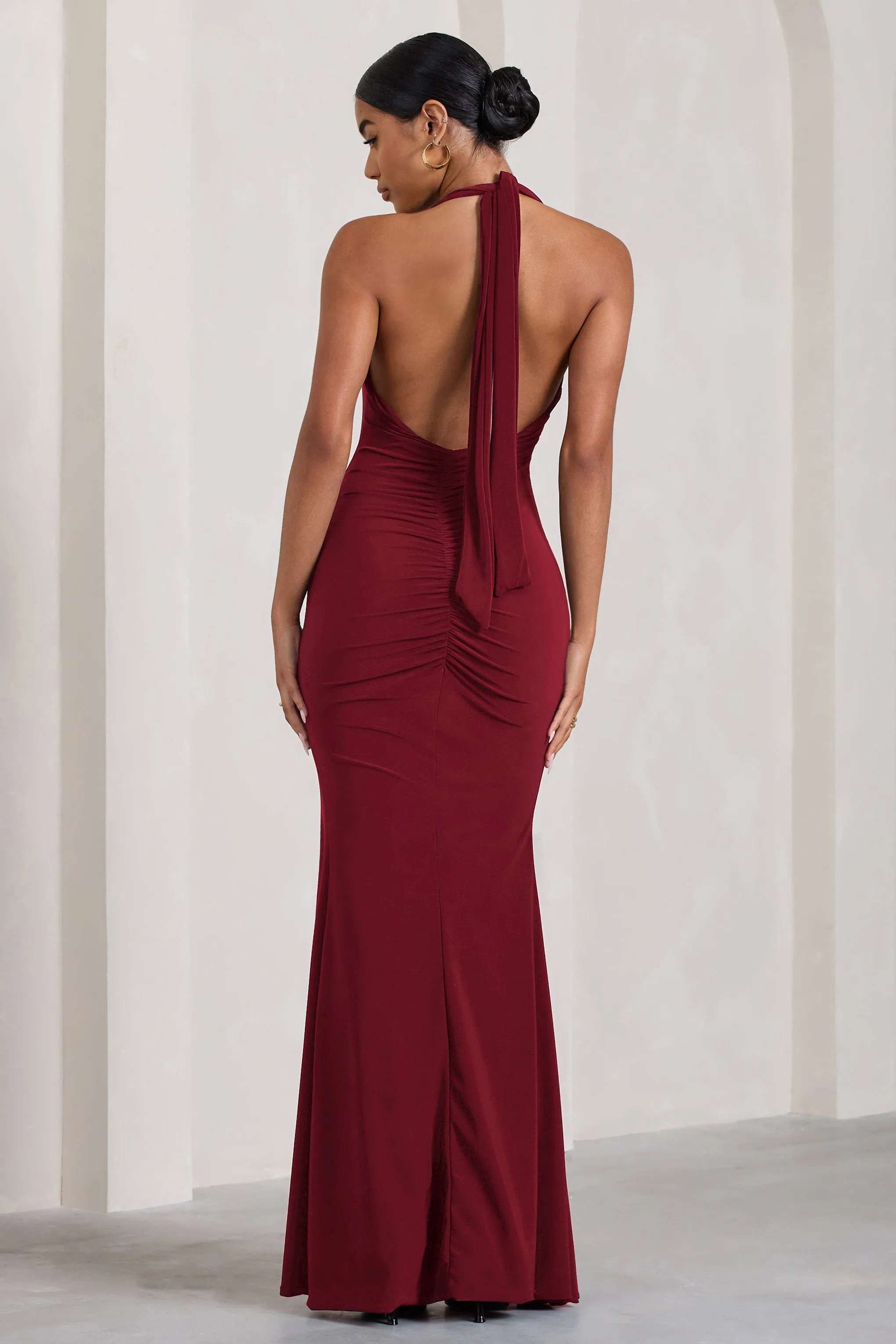 Glamour | Berry Backless V Plunge Halter Neck Maxi Dress With Side Split