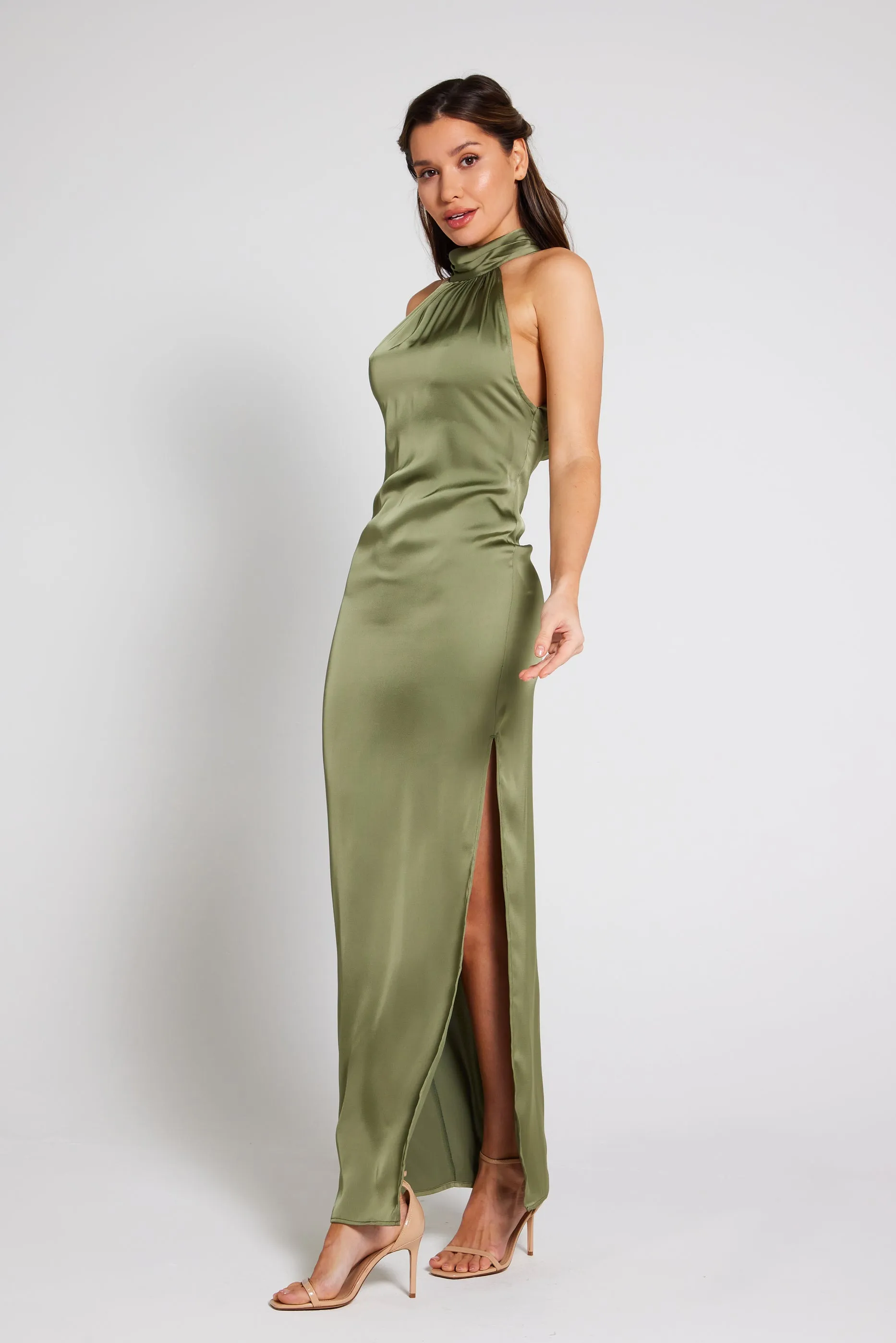 Harley Halter Neck Satin Maxi Dress - Olive