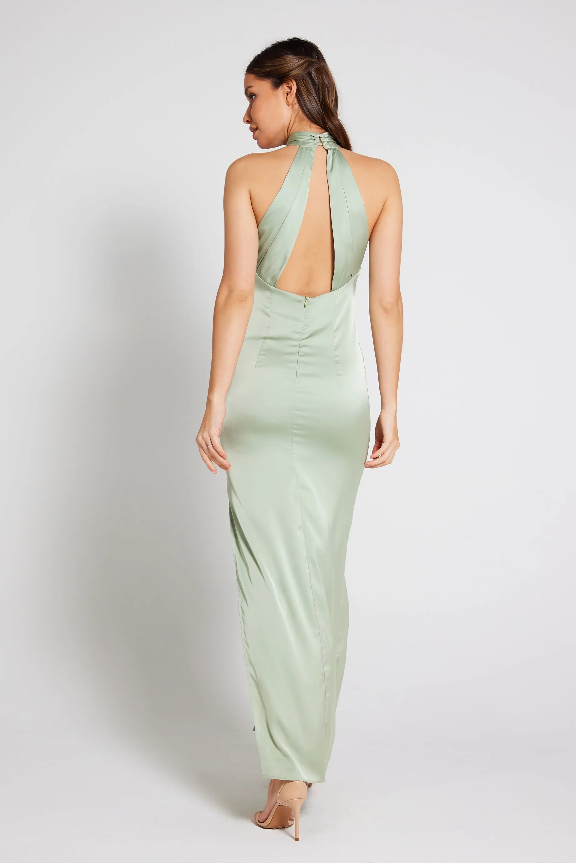 Harley Halter Neck Satin Maxi Dress - Sage Green